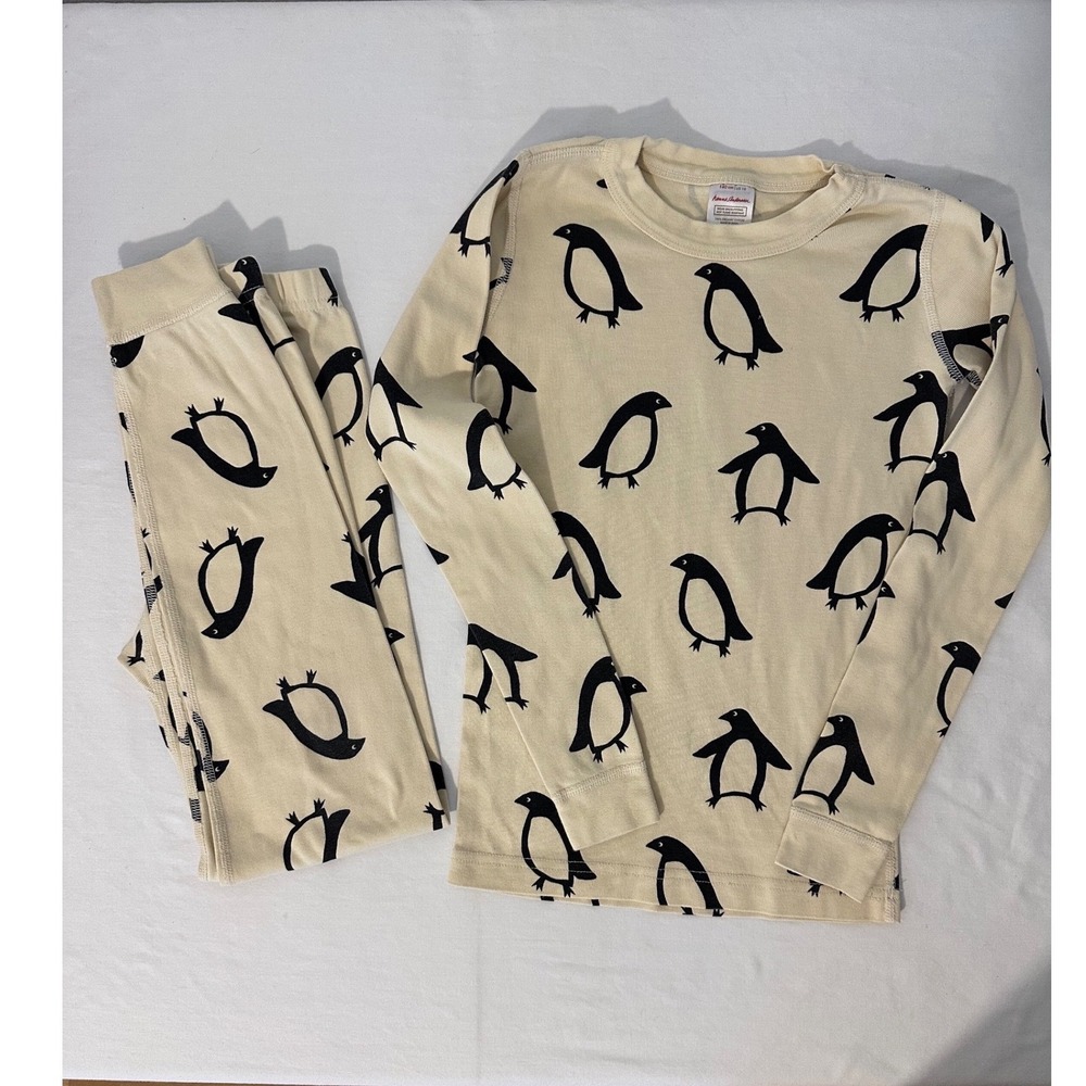 Hanna Andersson Kids 10 Penguin Organic Cotton Pajama Set Cream Black 140cm